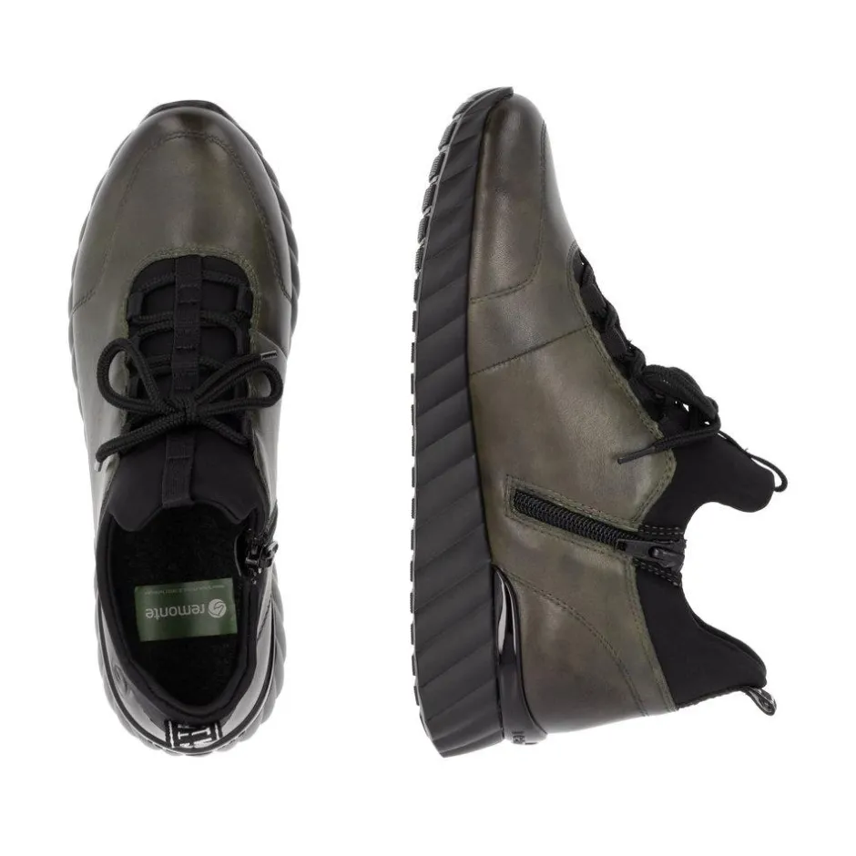 Women Remonte Laced Trainer With Side Zip - Green Leather