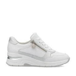 Women Rieker Laced Wedge Trainer With Side Zip - White Silver Leather