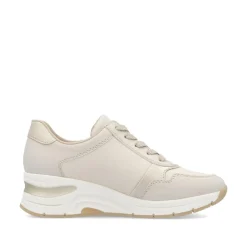 Women Rieker Laced Wedge Trainer With Side Zip - Cream Gold Leather