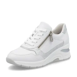 Women Rieker Laced Wedge Trainer With Side Zip - White Silver Leather