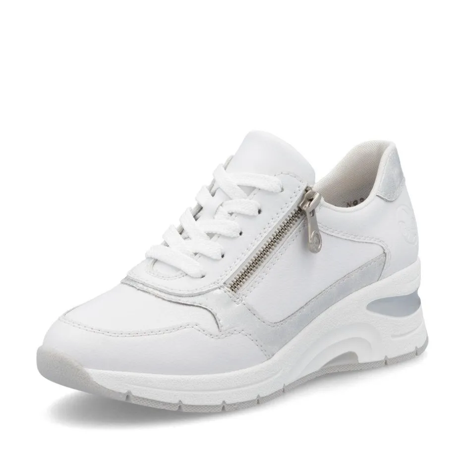 Women Rieker Laced Wedge Trainer With Side Zip - White Silver Leather