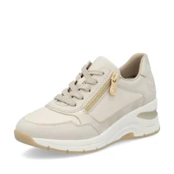 Women Rieker Laced Wedge Trainer With Side Zip - Cream Gold Leather