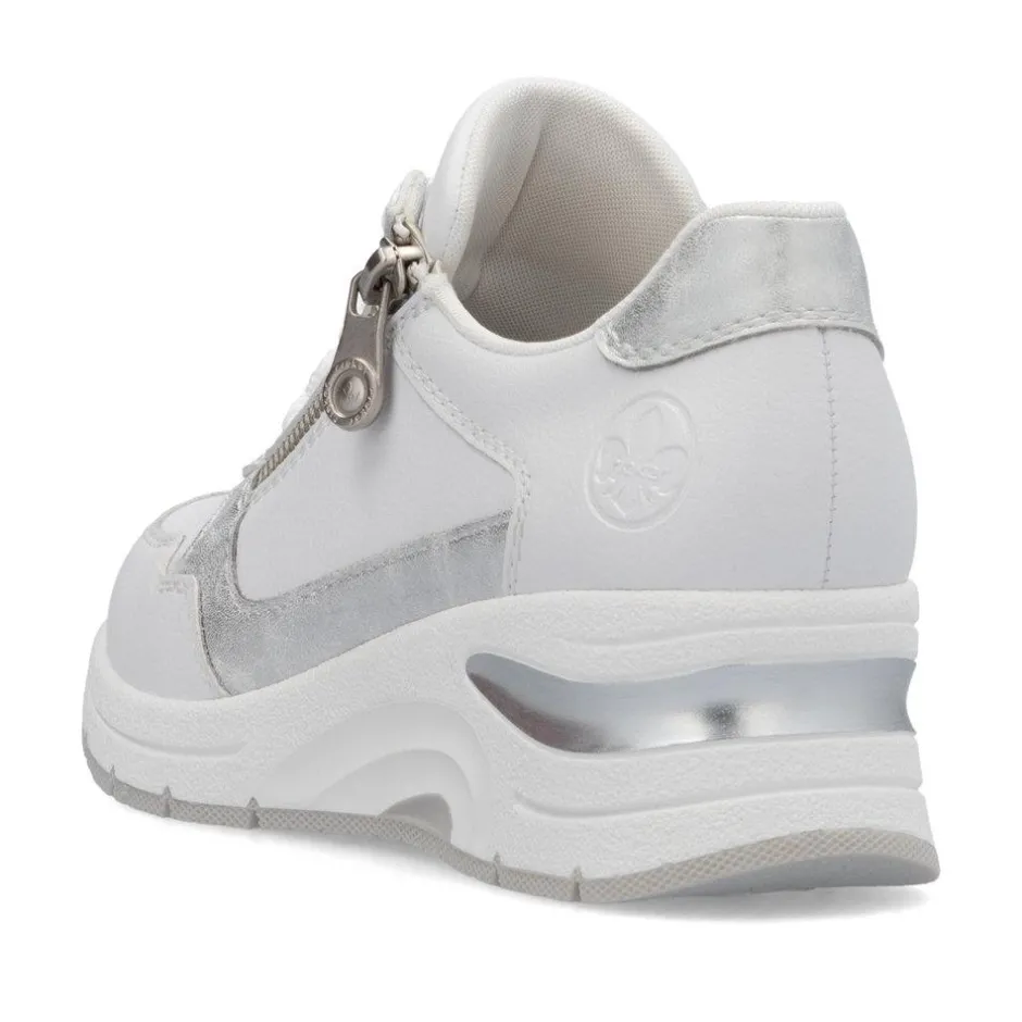 Women Rieker Laced Wedge Trainer With Side Zip - White Silver Leather