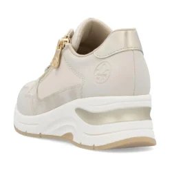 Women Rieker Laced Wedge Trainer With Side Zip - Cream Gold Leather