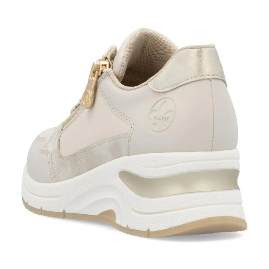 Women Rieker Laced Wedge Trainer With Side Zip - Cream Gold Leather