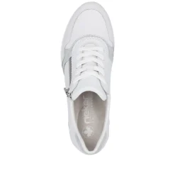 Women Rieker Laced Wedge Trainer With Side Zip - White Silver Leather