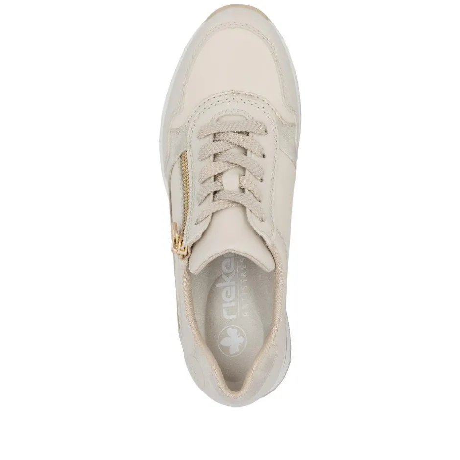 Women Rieker Laced Wedge Trainer With Side Zip - Cream Gold Leather