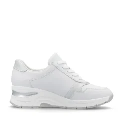Women Rieker Laced Wedge Trainer With Side Zip - White Silver Leather