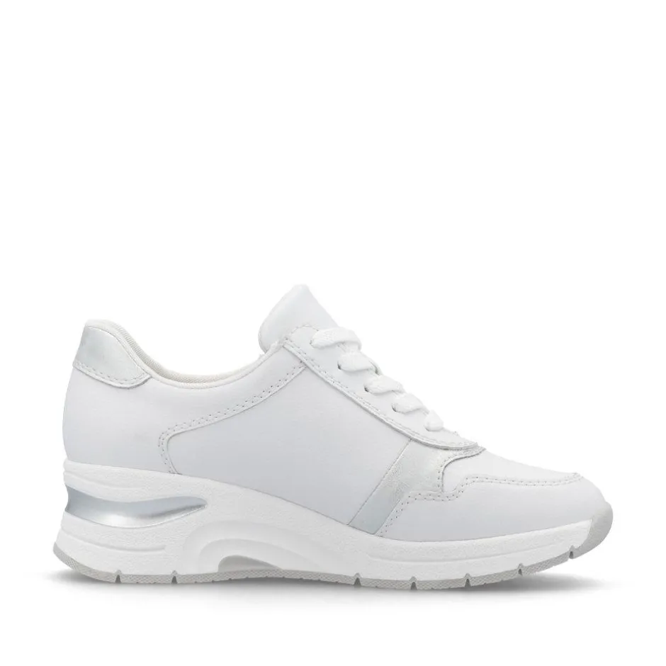 Women Rieker Laced Wedge Trainer With Side Zip - White Silver Leather