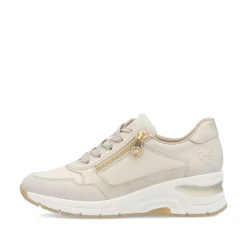 Women Rieker Laced Wedge Trainer With Side Zip - Cream Gold Leather