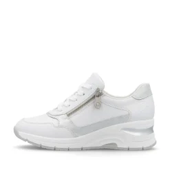 Women Rieker Laced Wedge Trainer With Side Zip - White Silver Leather