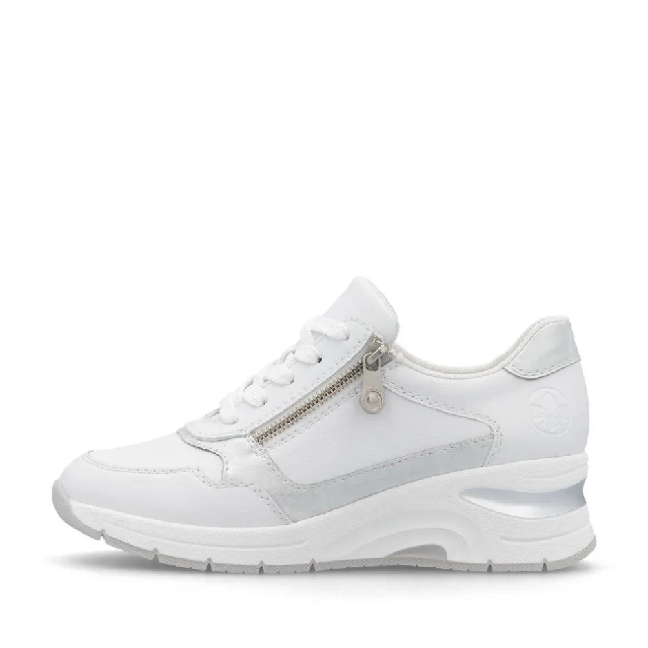 Women Rieker Laced Wedge Trainer With Side Zip - White Silver Leather
