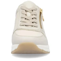 Women Rieker Laced Wedge Trainer With Side Zip - Cream Gold Leather