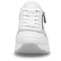 Women Rieker Laced Wedge Trainer With Side Zip - White Silver Leather