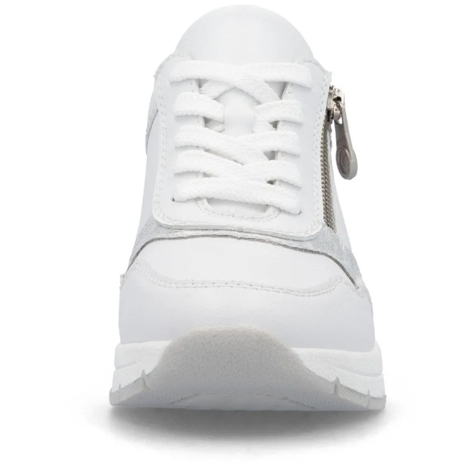 Women Rieker Laced Wedge Trainer With Side Zip - White Silver Leather