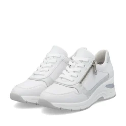 Women Rieker Laced Wedge Trainer With Side Zip - White Silver Leather
