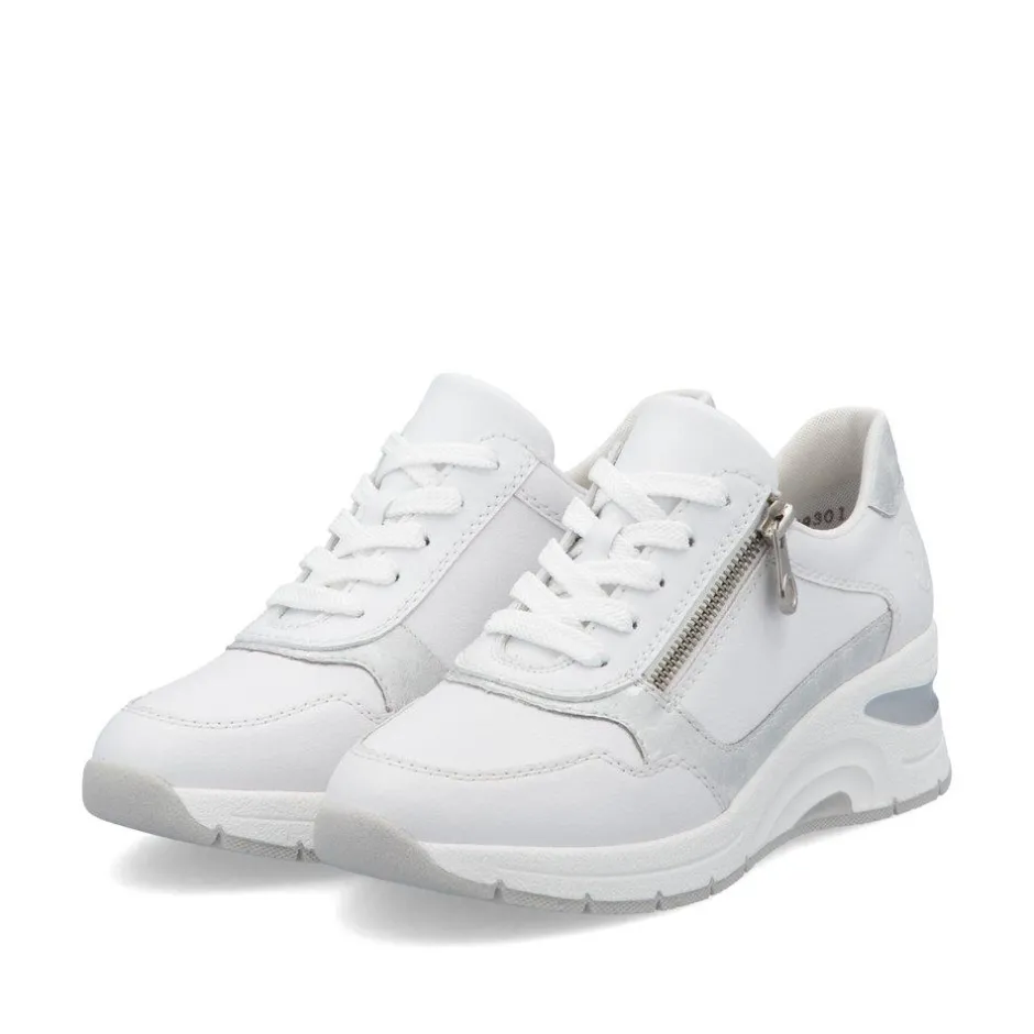 Women Rieker Laced Wedge Trainer With Side Zip - White Silver Leather