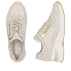 Women Rieker Laced Wedge Trainer With Side Zip - Cream Gold Leather