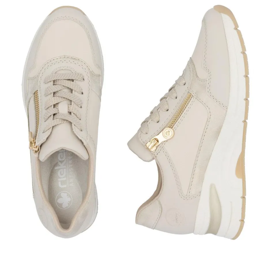 Women Rieker Laced Wedge Trainer With Side Zip - Cream Gold Leather