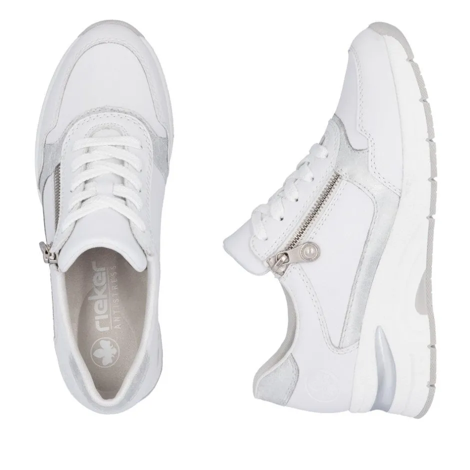 Women Rieker Laced Wedge Trainer With Side Zip - White Silver Leather