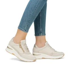 Women Rieker Laced Wedge Trainer With Side Zip - Cream Gold Leather