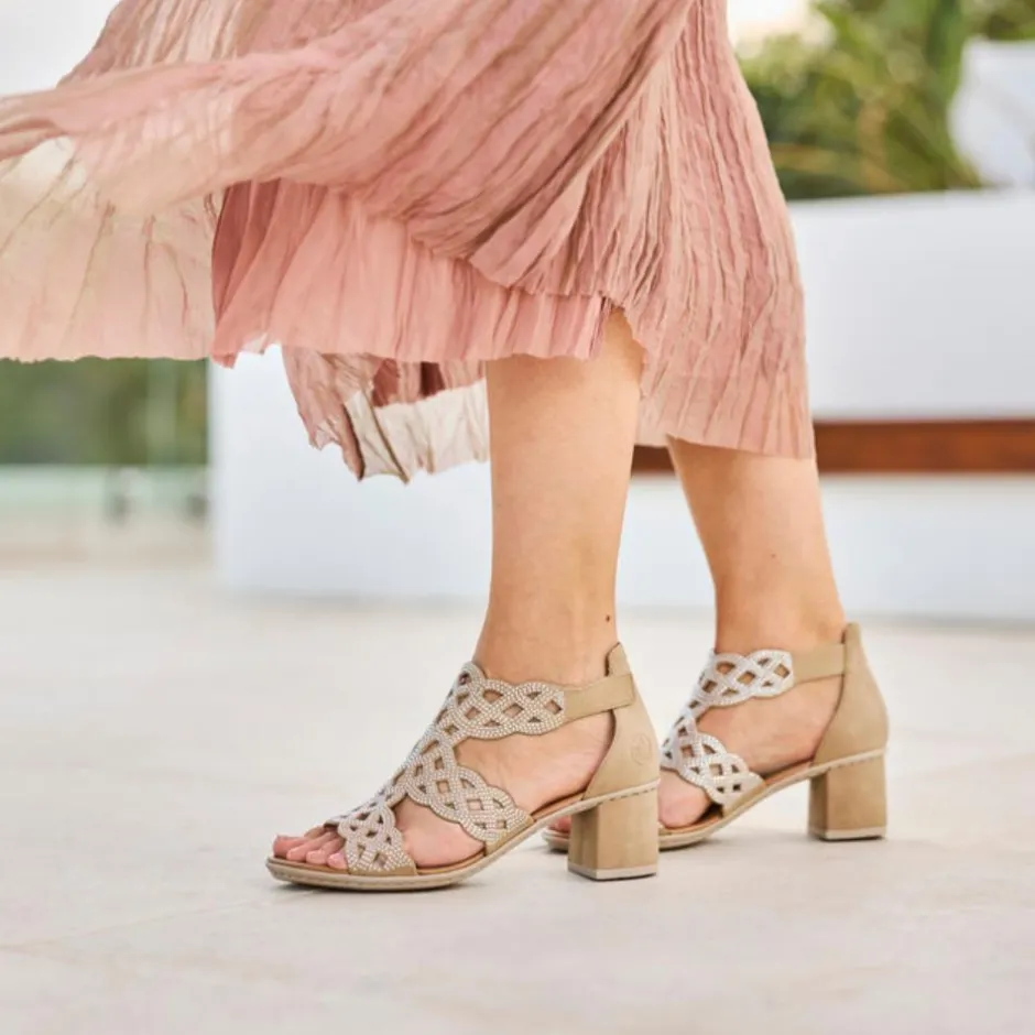 Women Rieker Lattice Cut Block Heel Sandal - Beige Sparkle