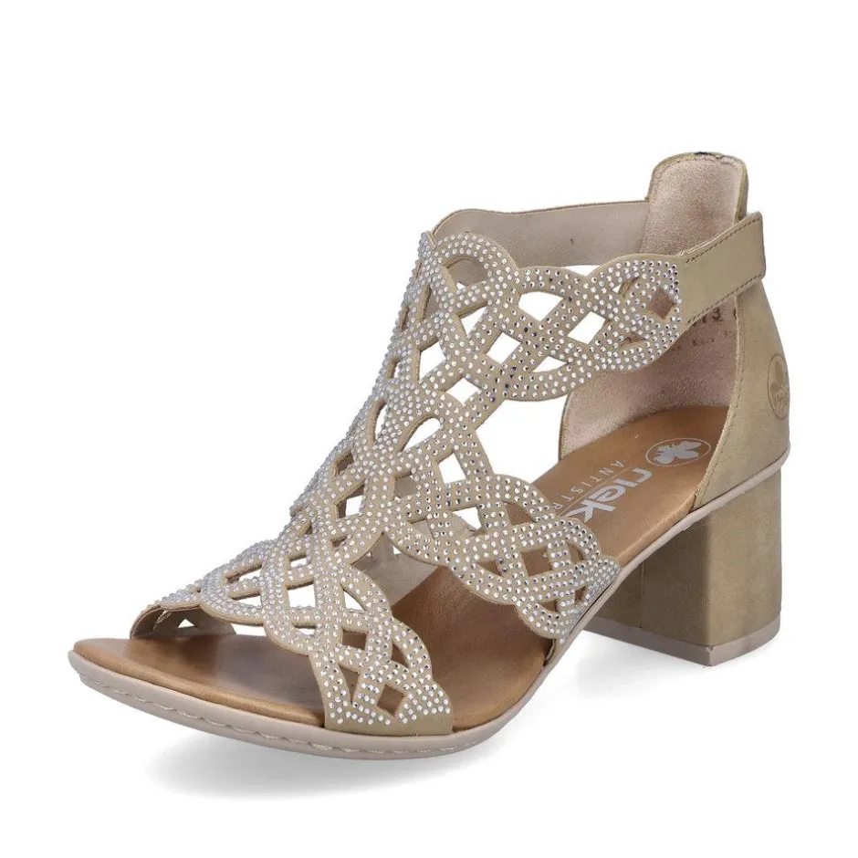 Women Rieker Lattice Cut Block Heel Sandal - Beige Sparkle