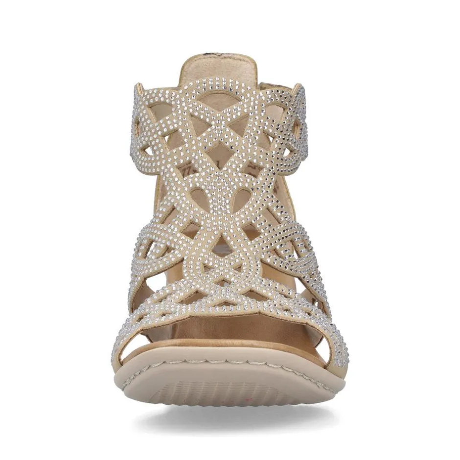 Women Rieker Lattice Cut Block Heel Sandal - Beige Sparkle
