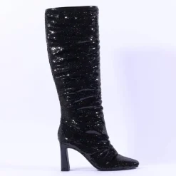 Women Tamaris Lausana Folded High Heel Boot - Black Sparkle