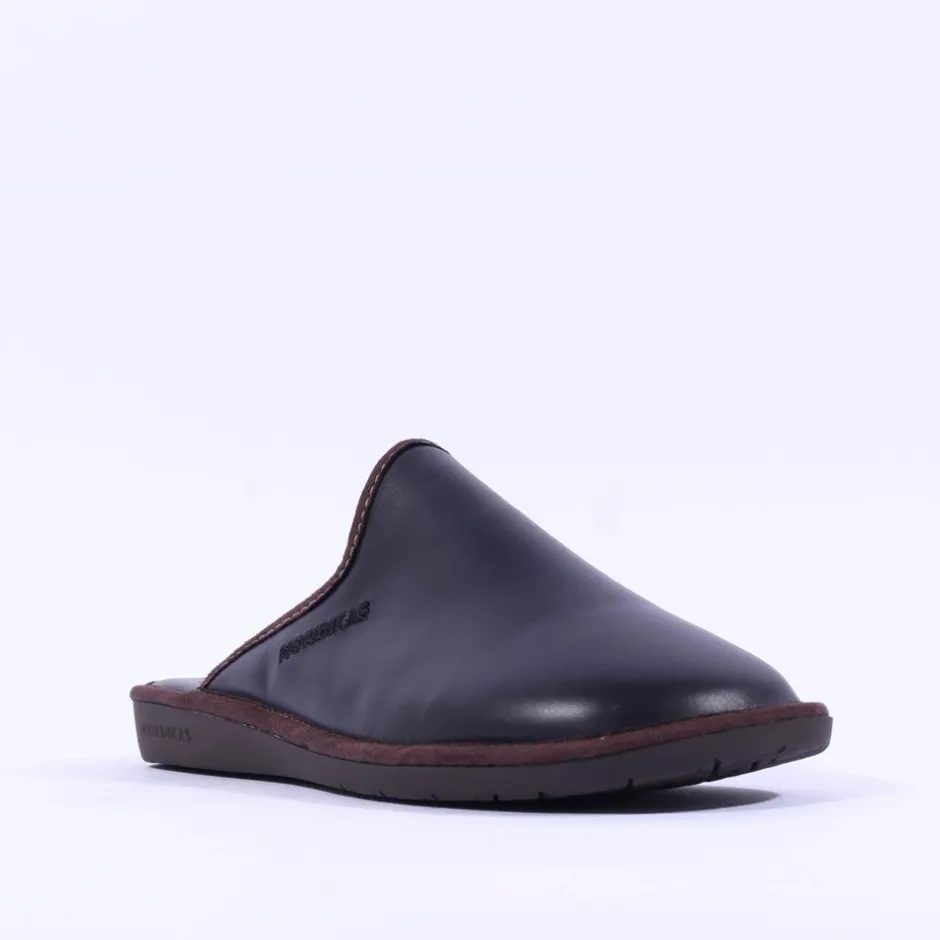Nordikas Men Leather Mule House Slipper - Black Leather