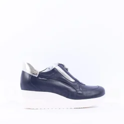 Women Marco Moreo Lola Classic Front Zip Wedge - Navy Silver