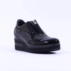 Women Marco Moreo Lola Classic Front Zip Wedge - Black Patent