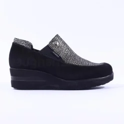Women Marco Moreo Lola Slip On Classic Wedge - Black Suede Silver