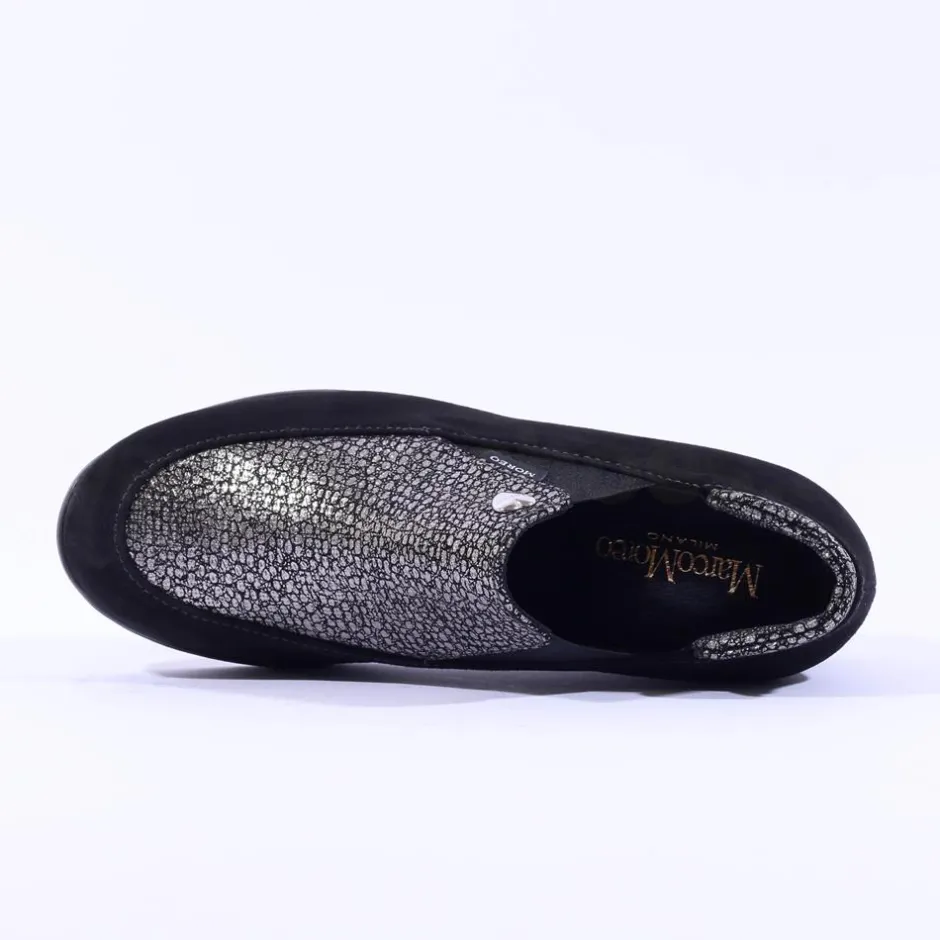 Women Marco Moreo Lola Slip On Classic Wedge - Black Suede Silver