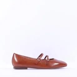 Women Tamaris Lorita Flat Double Strap Pump - Cognac Leather