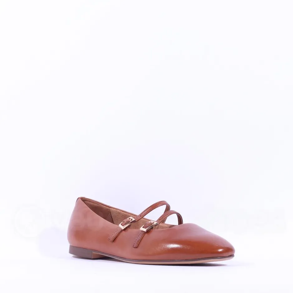 Women Tamaris Lorita Flat Double Strap Pump - Cognac Leather