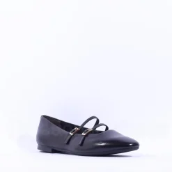 Women Tamaris Lorita Flat Double Strap Pump - Black Leather