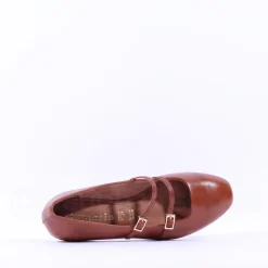 Women Tamaris Lorita Flat Double Strap Pump - Cognac Leather