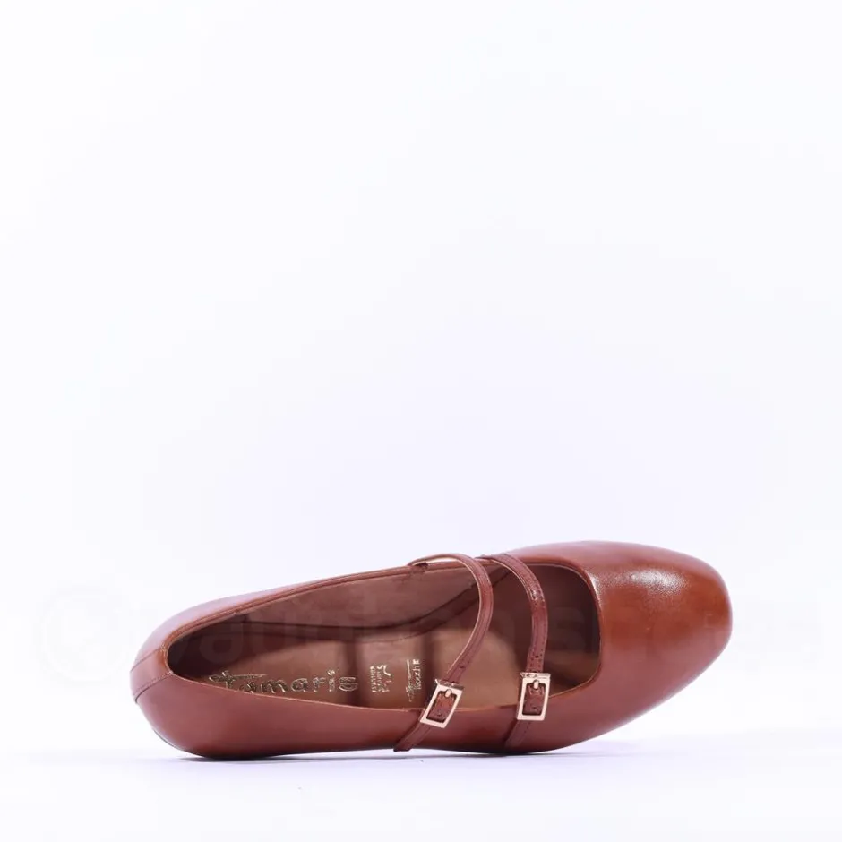 Women Tamaris Lorita Flat Double Strap Pump - Cognac Leather