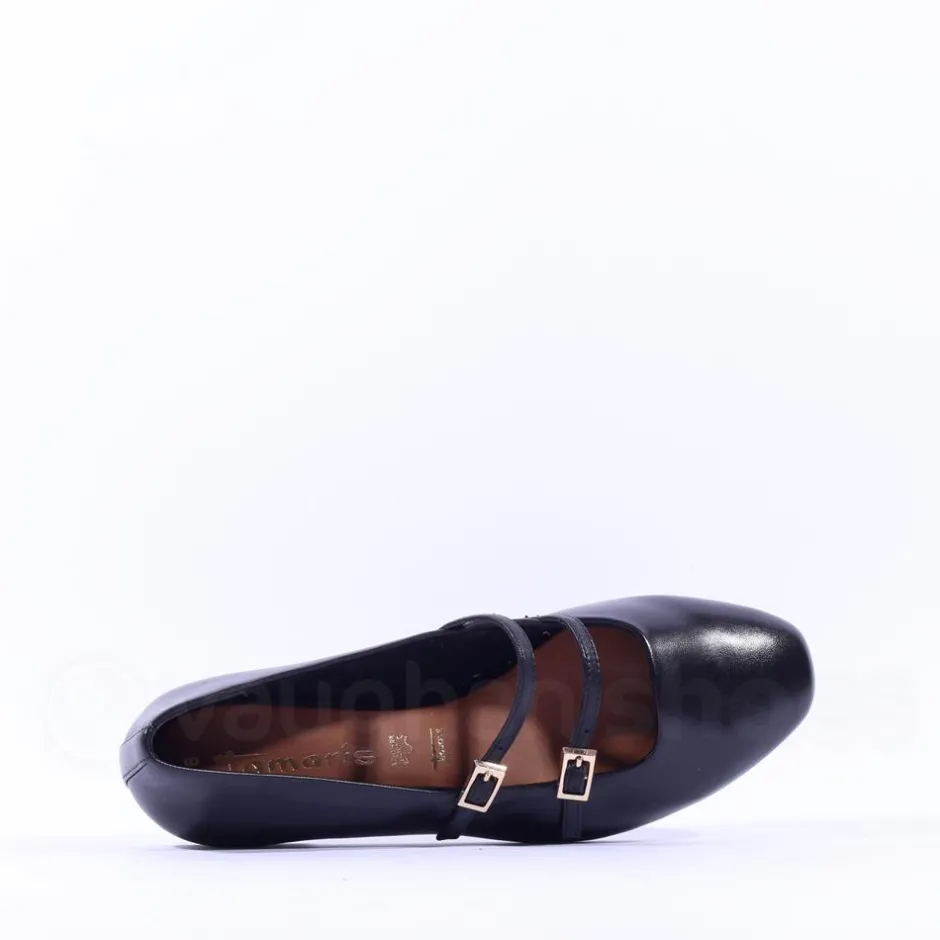 Women Tamaris Lorita Flat Double Strap Pump - Black Leather