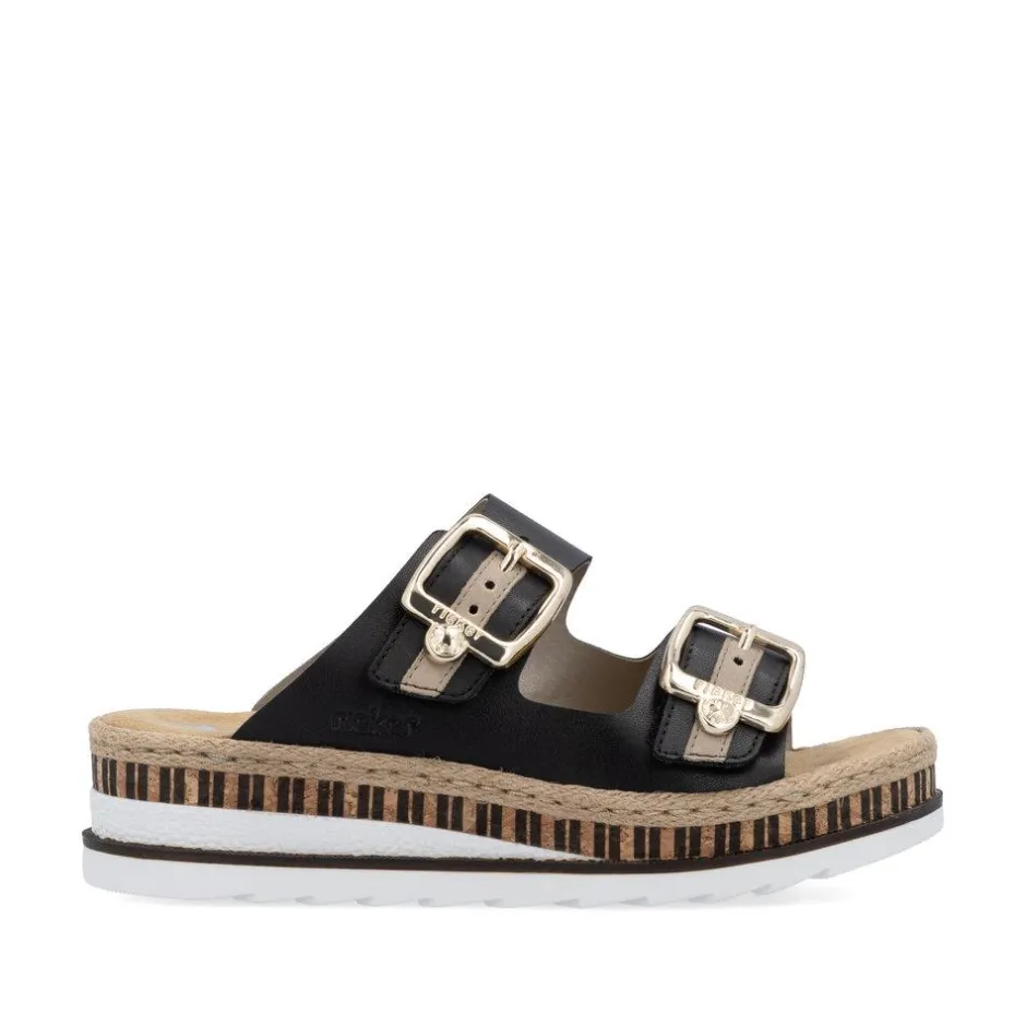 Women Rieker Low Wedge Twin Buckle Mule - Black Leather