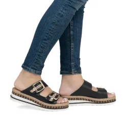 Women Rieker Low Wedge Twin Buckle Mule - Black Leather