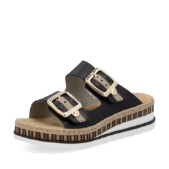 Women Rieker Low Wedge Twin Buckle Mule - Black Leather