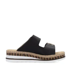 Women Rieker Low Wedge Twin Buckle Mule - Black Leather