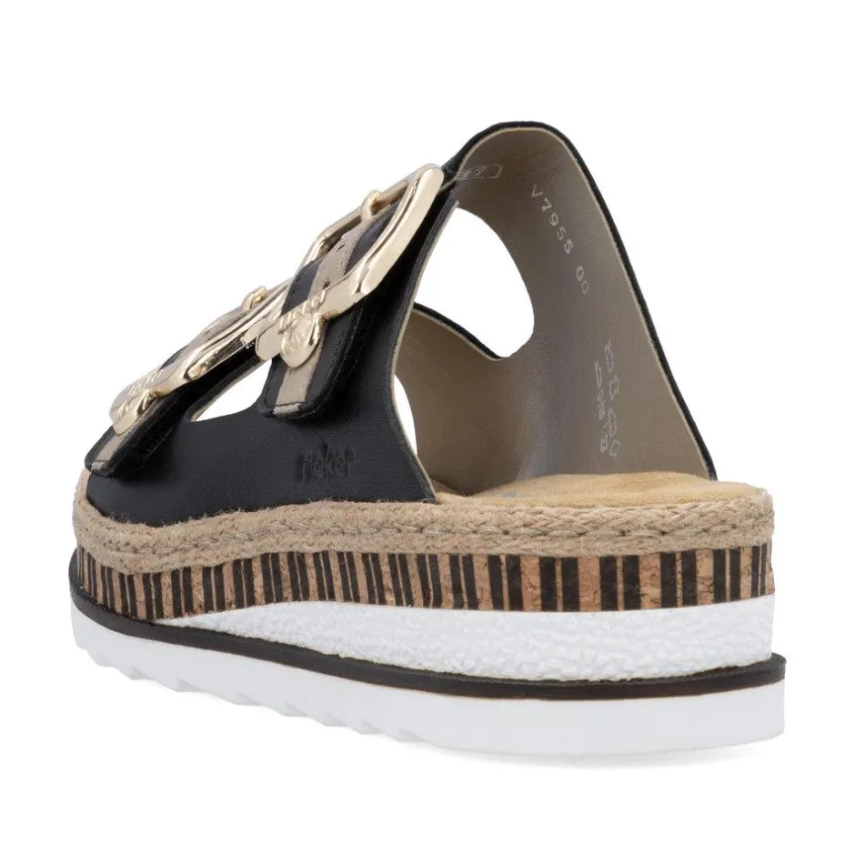 Women Rieker Low Wedge Twin Buckle Mule - Black Leather