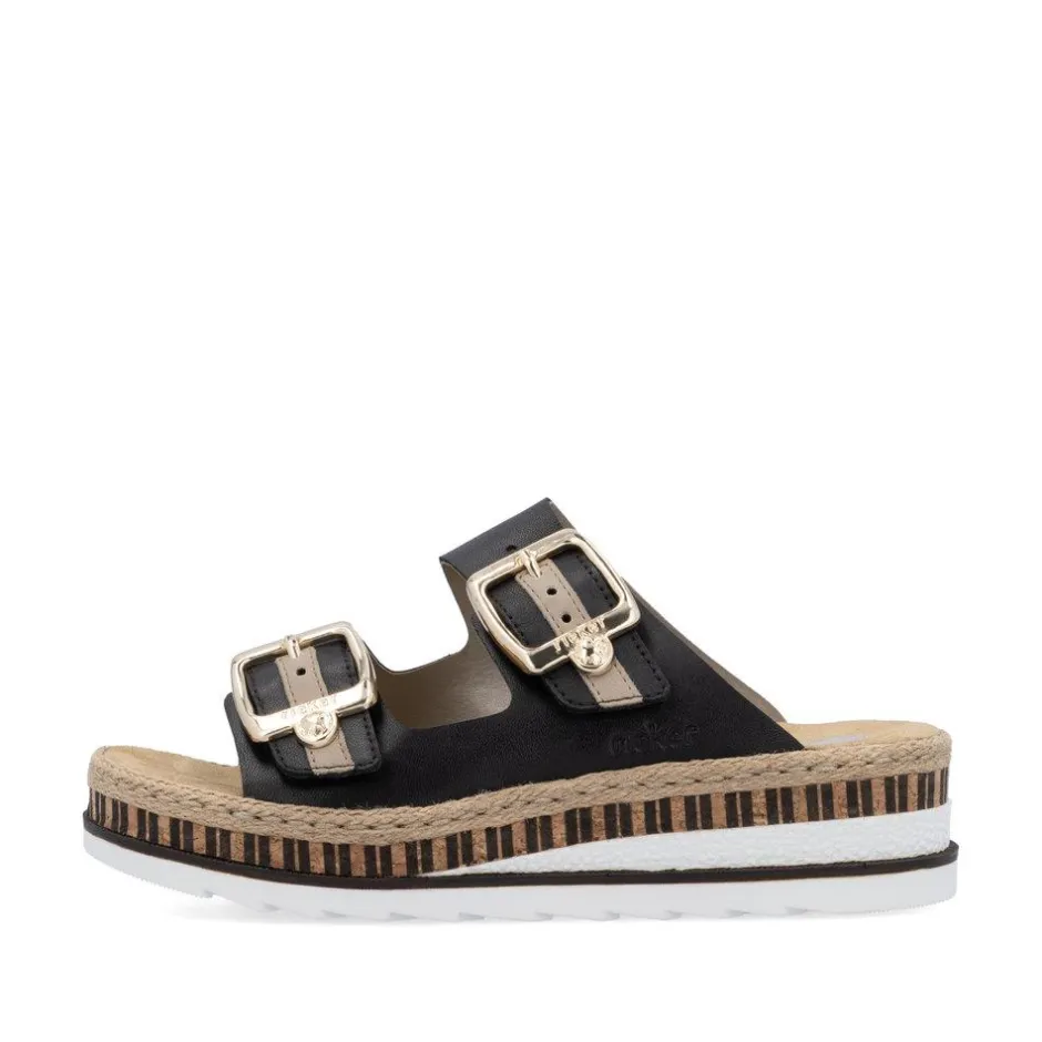 Women Rieker Low Wedge Twin Buckle Mule - Black Leather
