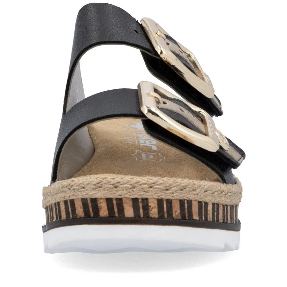 Women Rieker Low Wedge Twin Buckle Mule - Black Leather
