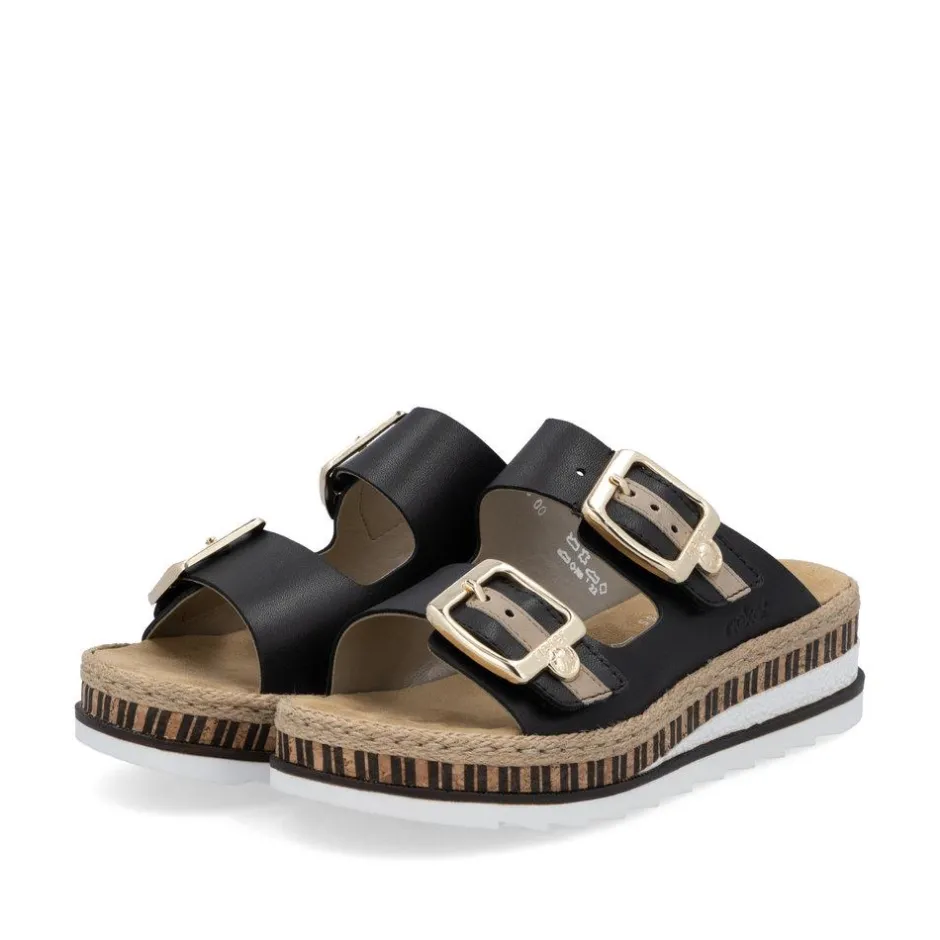 Women Rieker Low Wedge Twin Buckle Mule - Black Leather