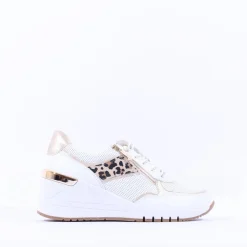 Women Marco Tozzi Magana Wedge Lacezip Trainer - White Gold Leopard