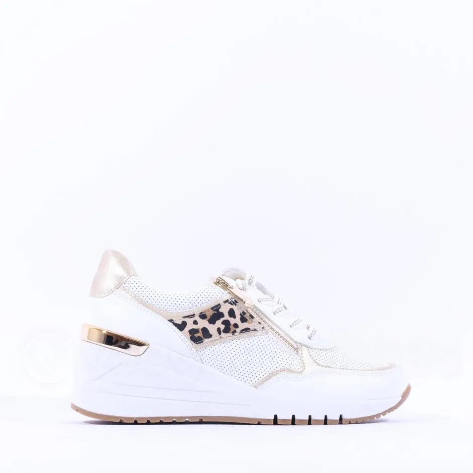 Women Marco Tozzi Magana Wedge Lacezip Trainer - White Gold Leopard